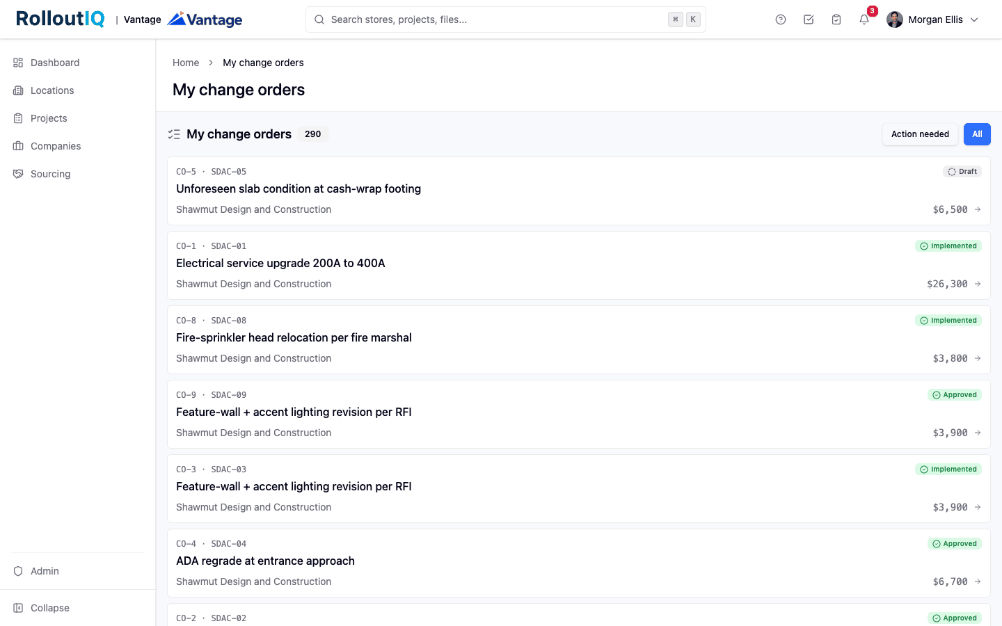RolloutIQ™ cross-project change order inbox listing priced changes by status
