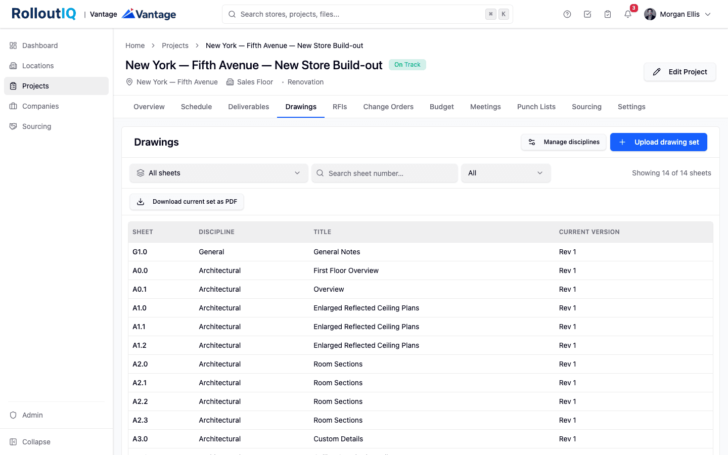 RolloutIQ™ drawings library with NCS-ordered sheets and version metadata