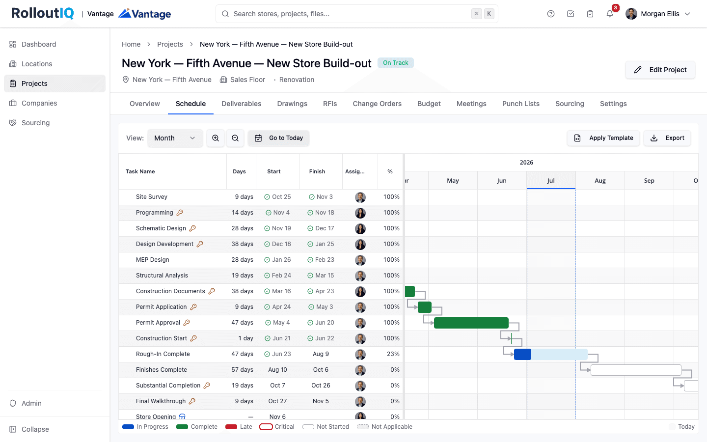 RolloutIQ™ project schedule Gantt with critical-path coloring and dependencies