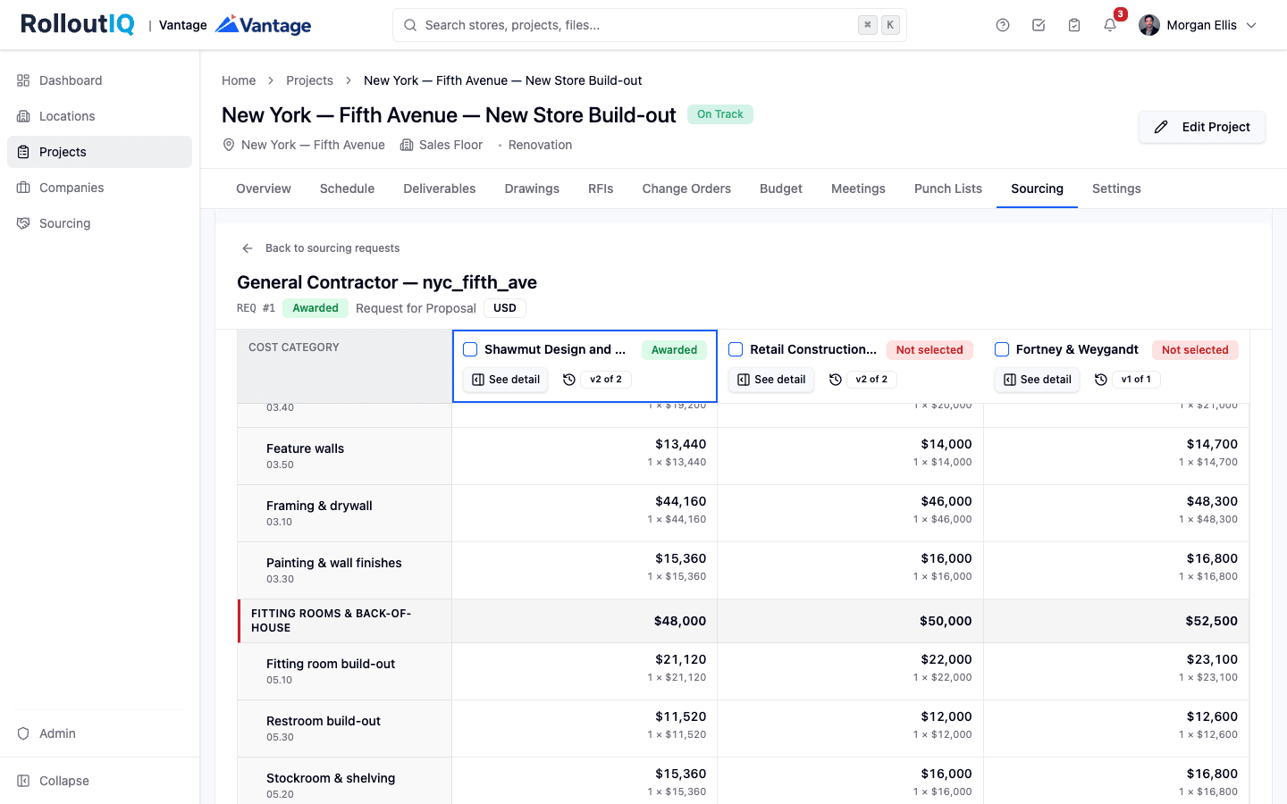 RolloutIQ™ sourcing leveling matrix comparing vendor bids across cost categories